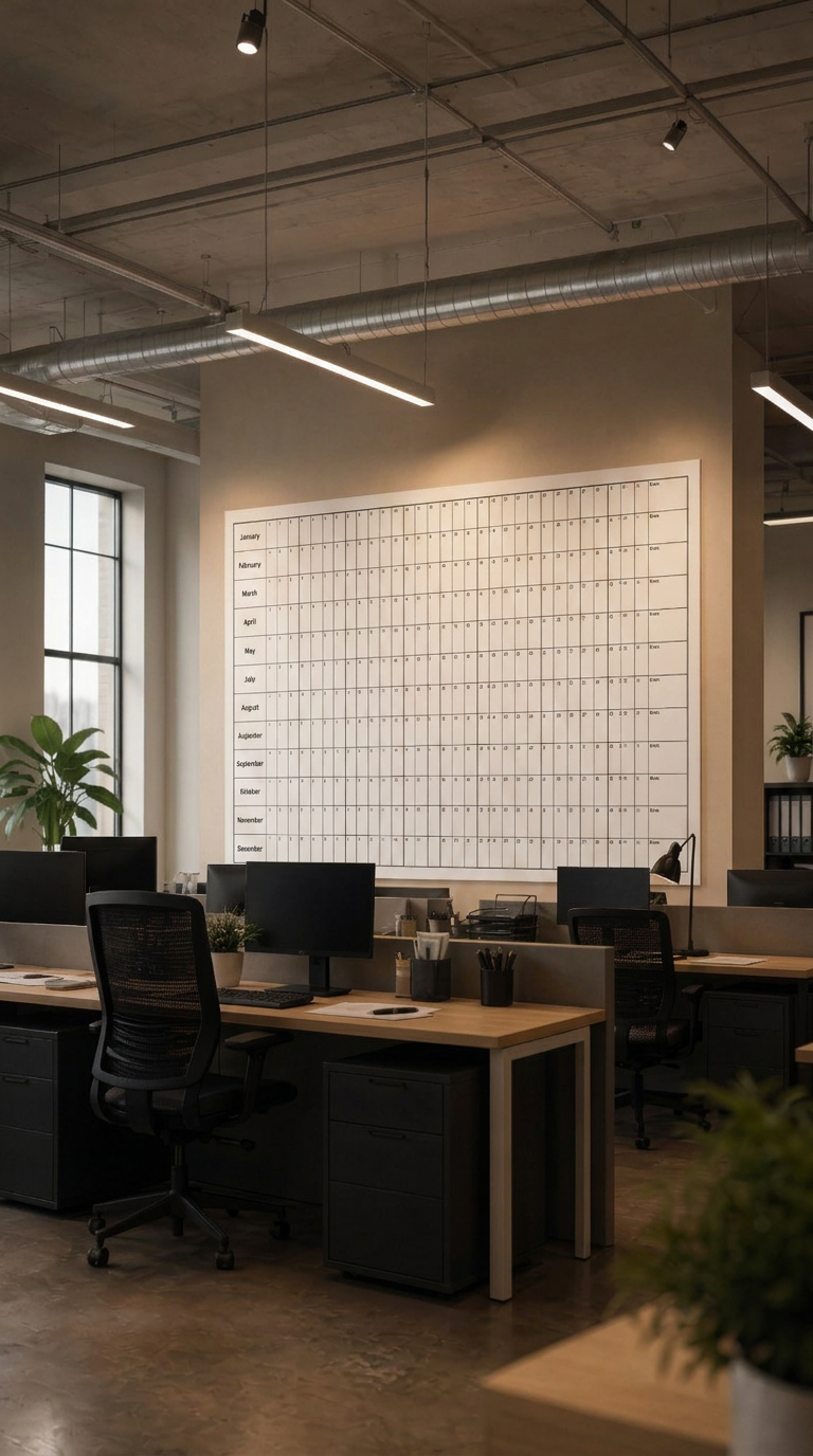 DayByLife never-ending year planner on the wall of an open-plan office above the desks