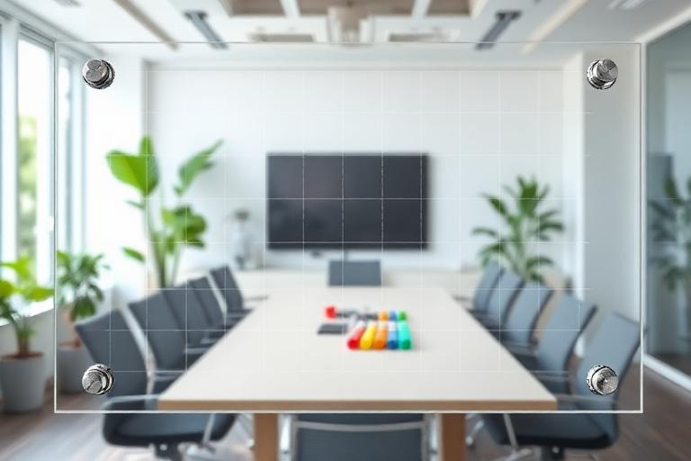 Transparent DayByLife wall planner used as a business quarters — the clear grid shows the wall behind it