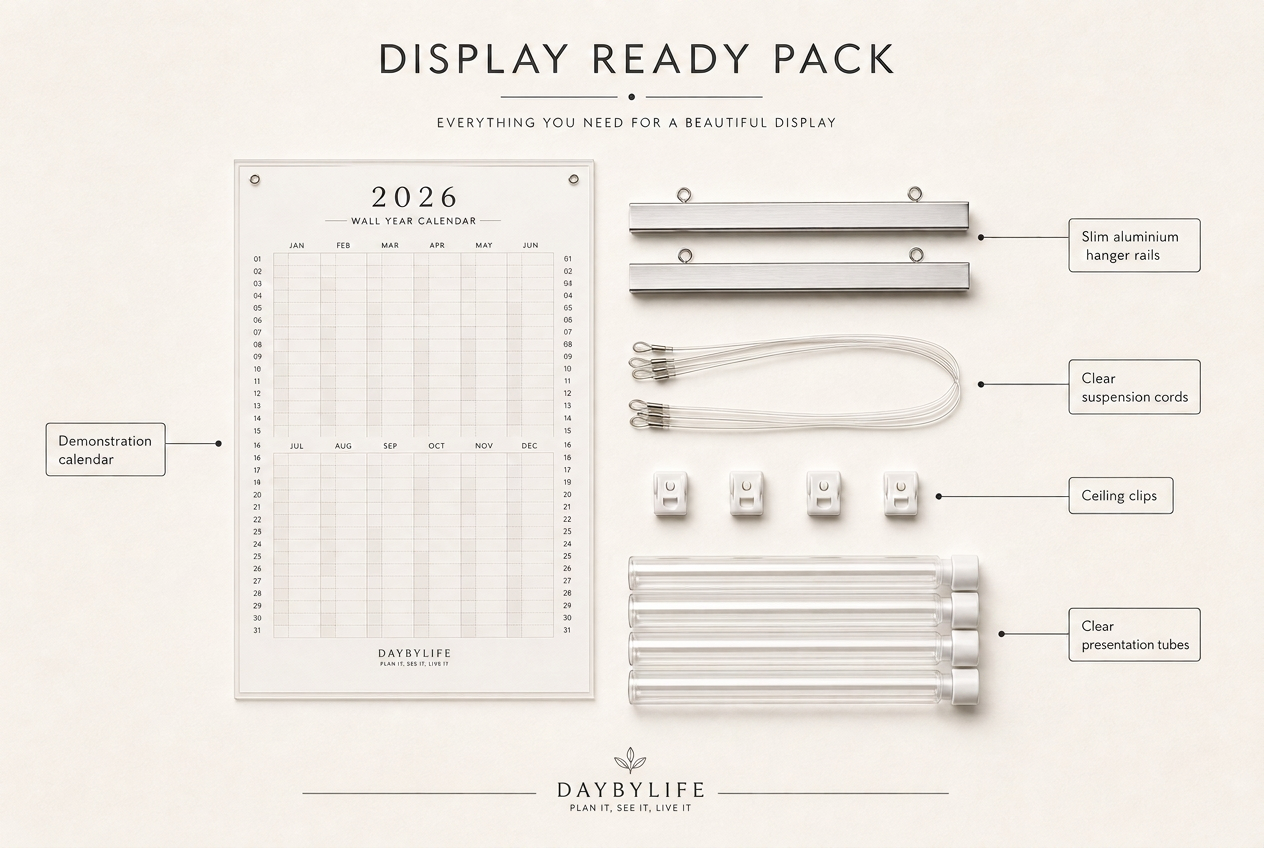 DayByLife Display Ready Pack flat lay with labels pointing to the demonstration calendar, slim aluminium hanger rails, clear suspension cords, ceiling clips and clear presentation tubes