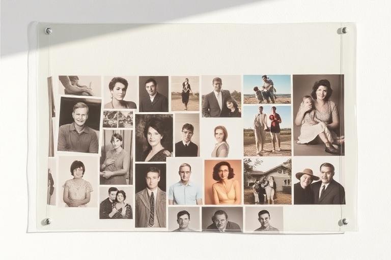 Transparent DayByLife wall planner used as a family photo collage — the clear grid shows the wall behind it