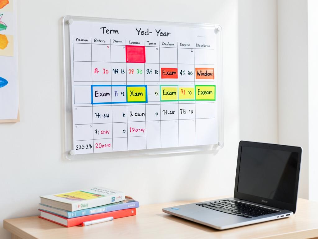 Transparent year planner above a student desk with exam windows blocked out