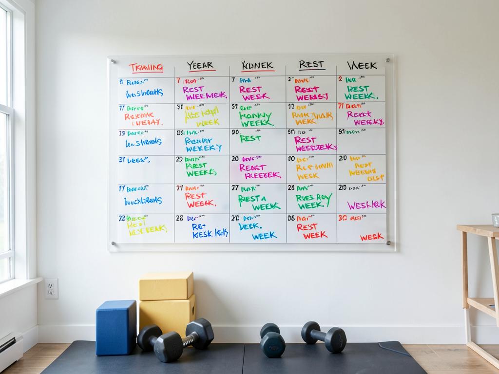 Transparent year planner on a home gym wall with training blocks marked