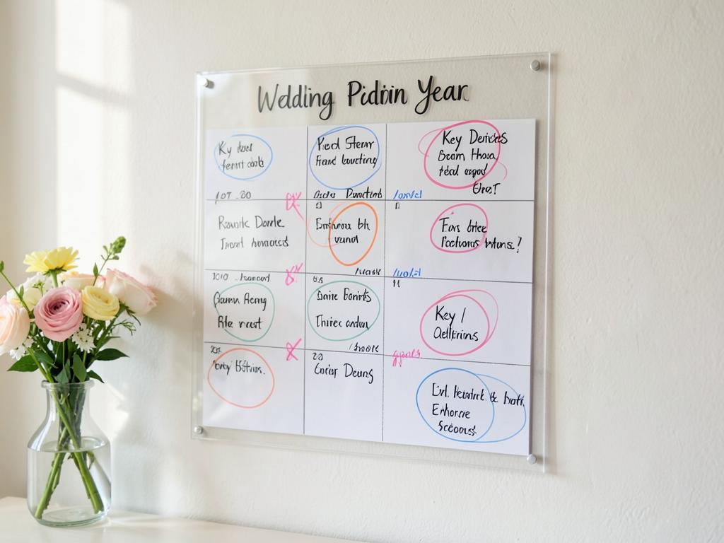 Transparent year planner used for wedding planning with key dates circled