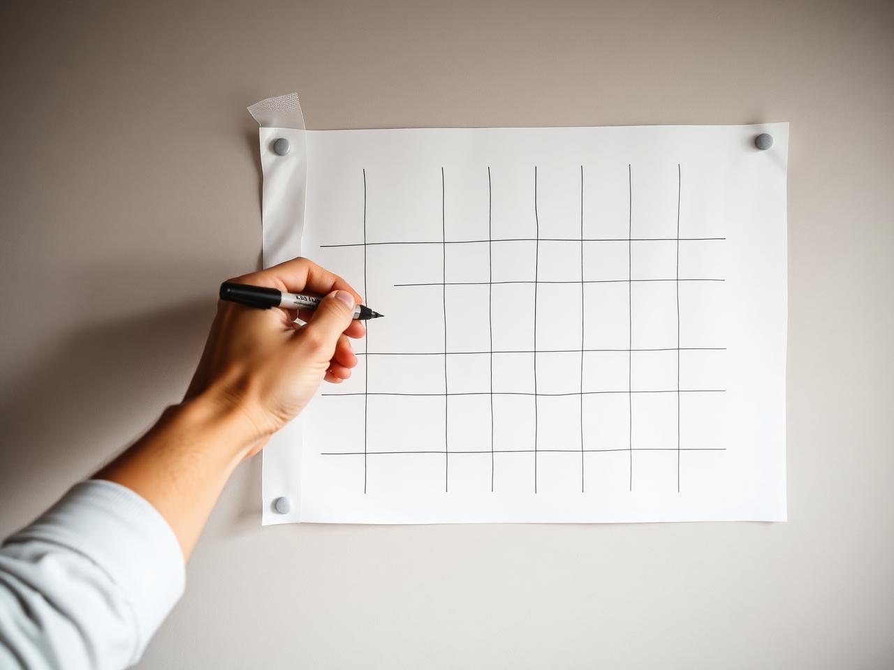 A hand drawing a grid on a clear sheet taped to a wall