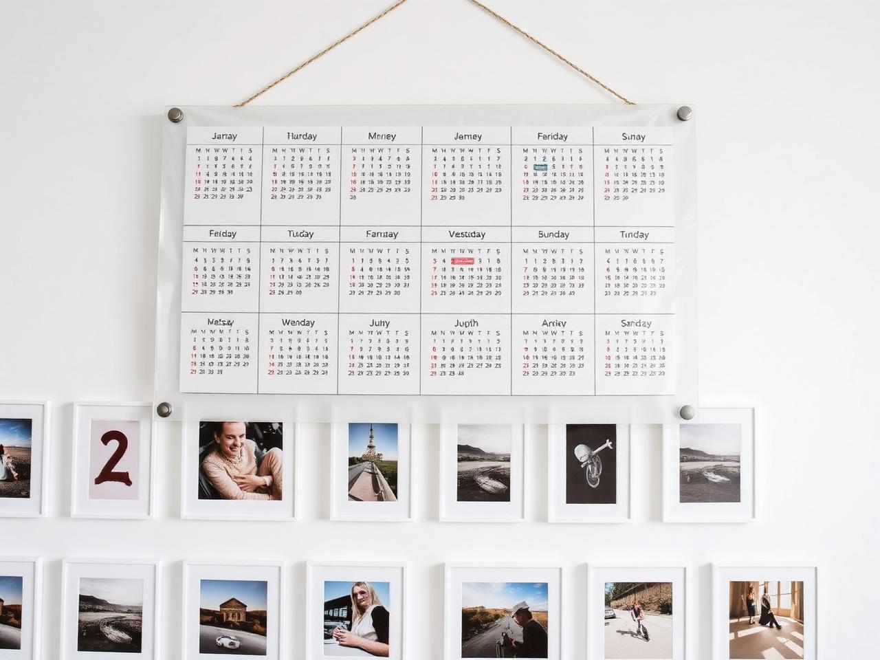Transparent year planner hanging over a gallery wall of framed photographs
