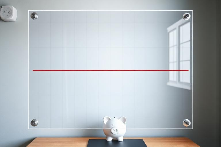 Transparent DayByLife wall planner used as a savings timeline — the clear grid shows the wall behind it