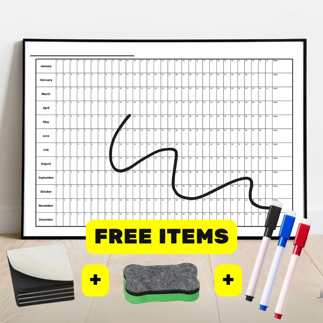 A1/A2/A3 Laminated Reusable Perpetual Year Calendar - Works With Dry Erase Markers 2025 2026