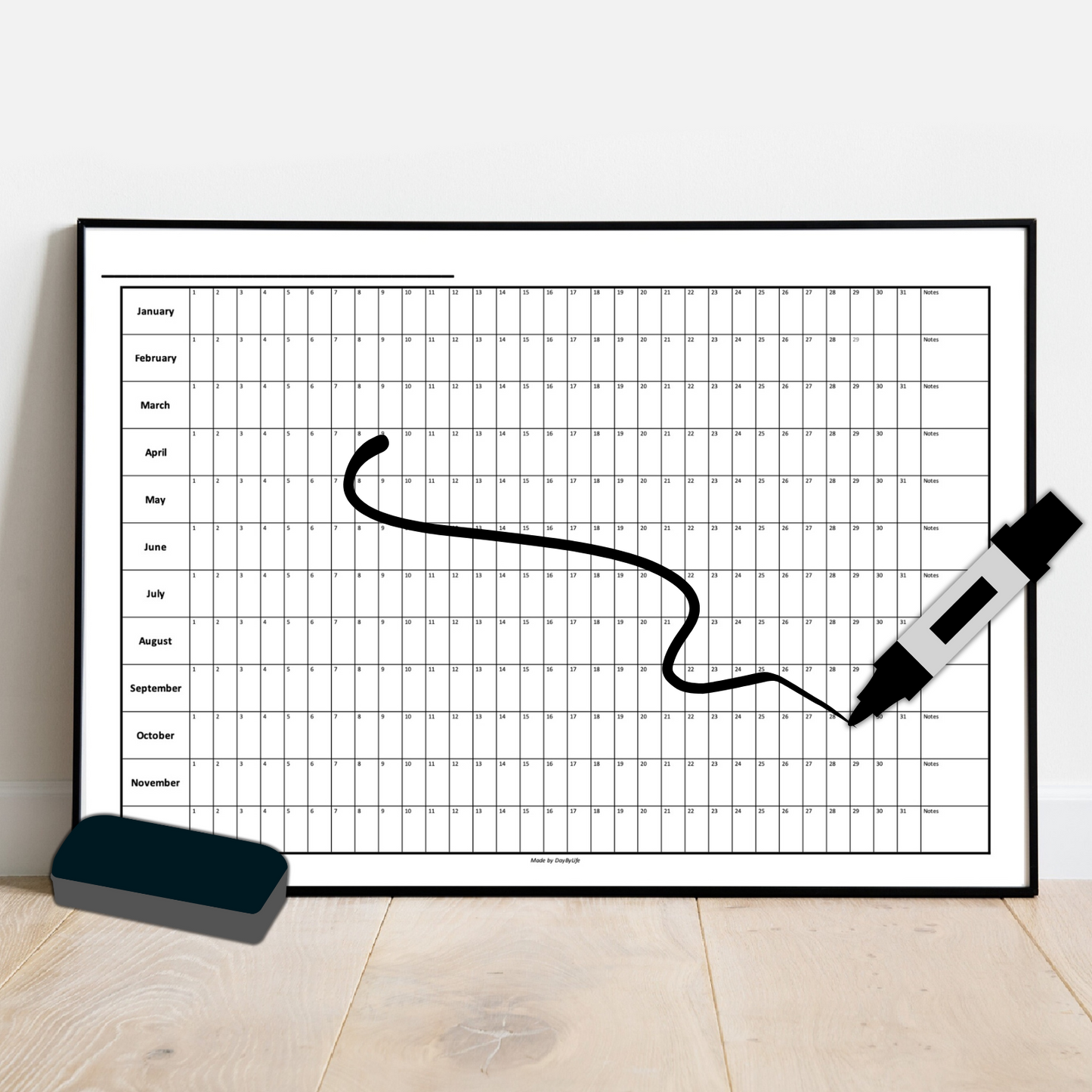 A1/A2/A3 Laminated Reusable Perpetual Year Calendar - Works With Dry Erase Markers 2025 2026