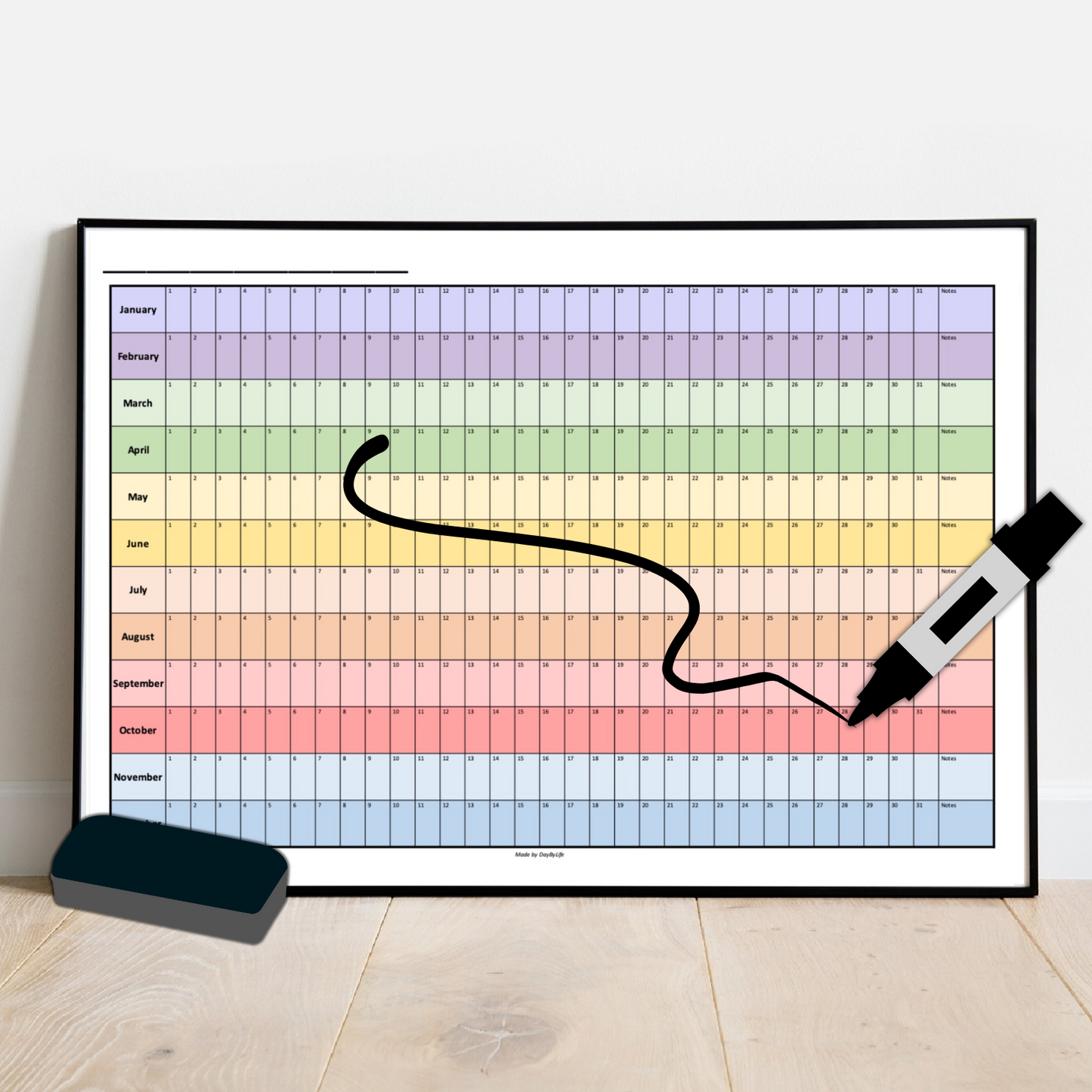 A1/A2/A3 Laminated Reusable Perpetual Year Calendar - Works With Dry Erase Markers 2025 2026